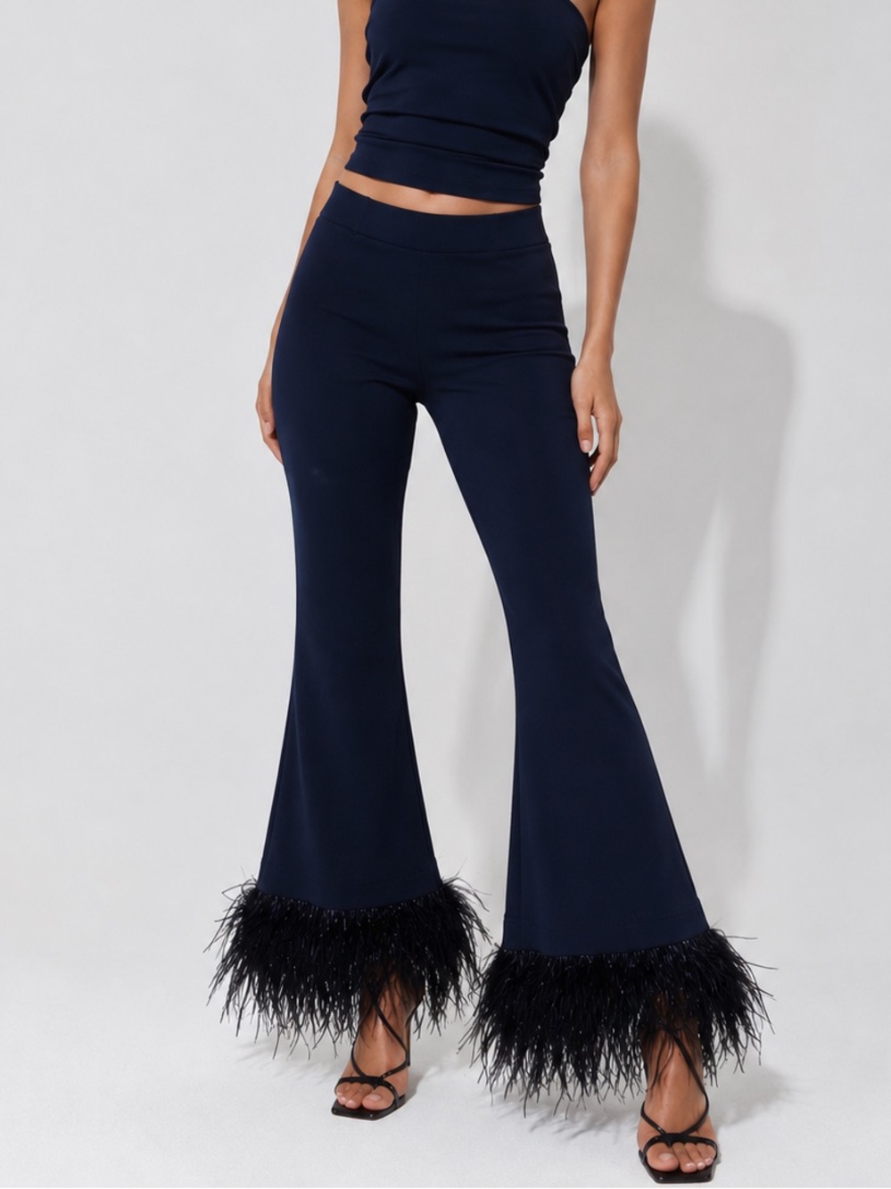 Never A Wallflower Navy Feather Crop Flare Pants Ostrich Hem NWT Size XS